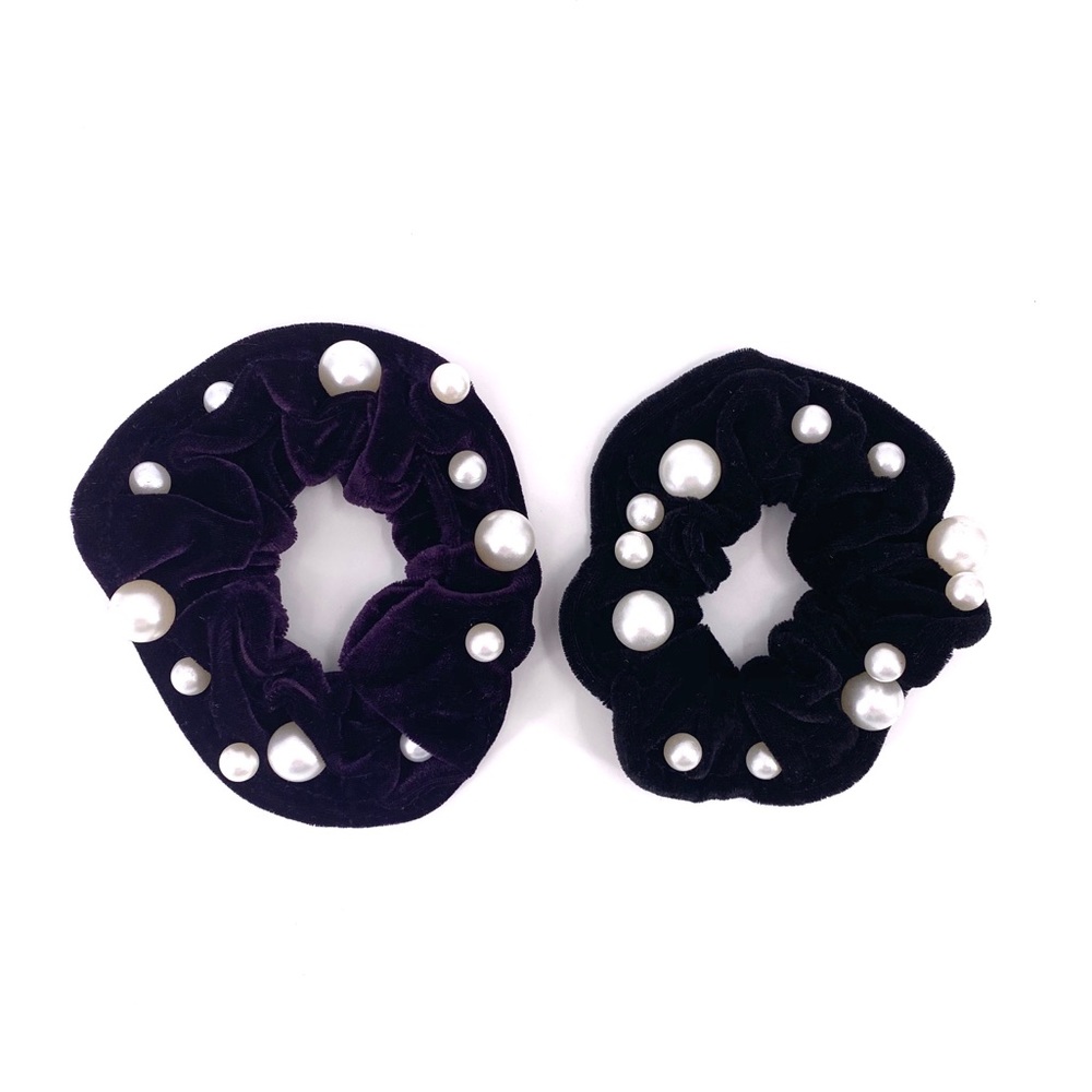 Set of 2 Velour Velvet Pearl Beaded Scrunchies